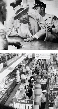 TOP: Dr. Martin Luther King Jr. being arrested, Montgomery, Alabama, 1958. Photo by AP   BOTTOM: Sit-in at Katz Drug Store, Oklahoma City, 1958. Photo by John Melton Collection / Oklahoma Historical Society