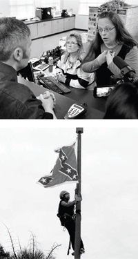 TOP: Rowan County Clerk Kim Davis, Kentucky, 2015. Photo by Timothy D. Easley / AP  BOTTOM: Bree Newsome climbs the pole to remove the Confederate flag, Columbia, South Carolina, 2015. Photo by Bruce Smith / AP