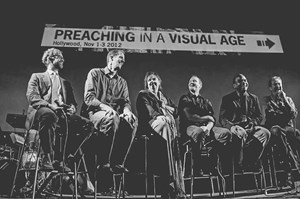David Taylor (far left) on stage with other presenters at Fuller’s “Preaching in a Visual Age” conference, which featured presenters and panelists from Pixar and Hollywood as well as figures from the church and seminary world.