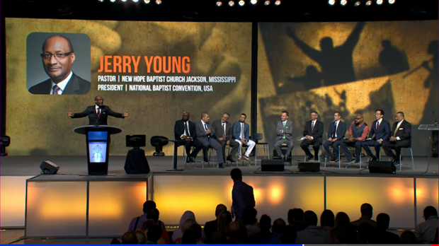 National Baptist Convention president Jerry Young addresses Southern Baptist messengers. National Baptist Convention president Jerry Young addresses Southern Baptist messengers.