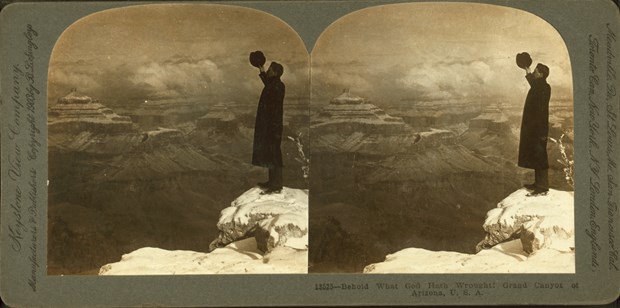 The title and front of this Keystone View Company stereograph evokes biblical wonderment at the Grand Canyon. The back, meanwhile, claimed visitors are seized by a desire to leap into the gorge.