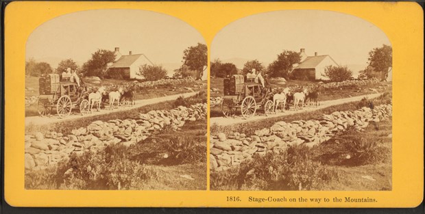 The stagecoaches of John Butterfield’s Overland Mail Company ran for 2,800 miles between St. Louis and San Francisco, offering passenger travel for $200—and much discomfort over the speedy 24 day journey. The “Stage Coach on the way to the Mountains” this stereograph, however, is probably heading to New Hampshire’s Mount Washington rather than the Rockies.