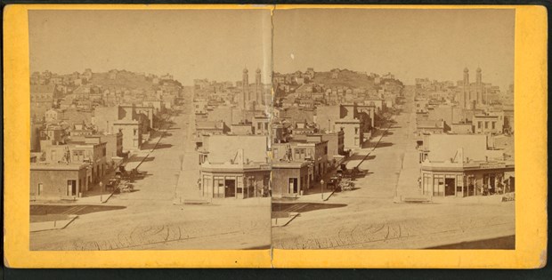 In the 1860s, when this shot of Powell Street was taken, San Francisco was emerging from its Gold Rush reputation and becoming a major city of about 60,000.