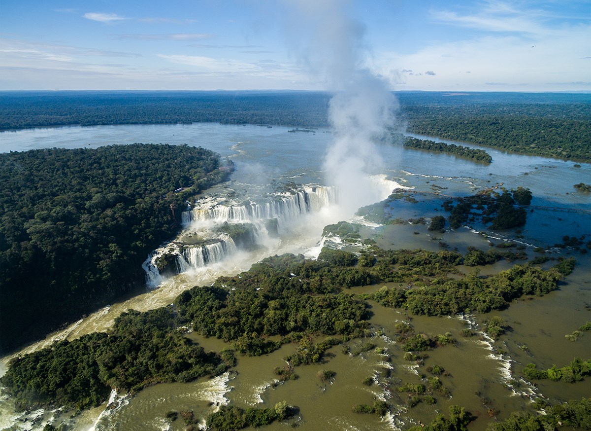 Iguazu Falls, between Brazil and Argentina, is one of the largest waterfalls in the world.