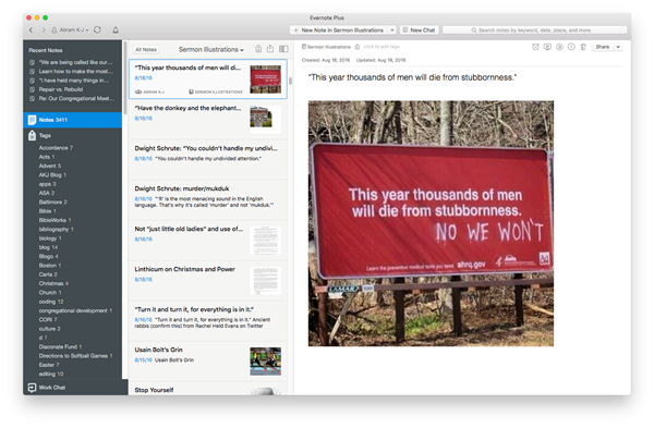 Sermon notes and illustrations in Evernote.