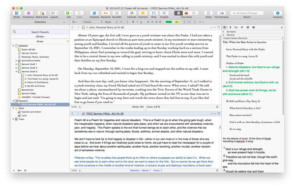 Un plan de sermon dans Scrivener.