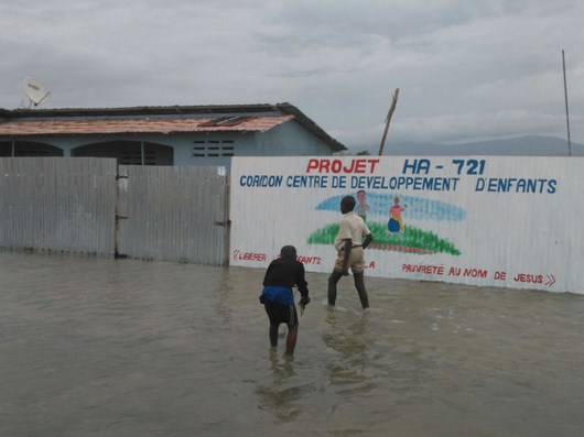 Flooding around a Compassion child development center in Haiti.