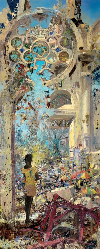 Cathedral: This painting is of the ruins of the cathedral in Port-au-Prince, Haiti. Embedded in the painting are shards and crushed fragments of the church’s earthquake-shattered stained glass windows, collected by the artist and local children, intended as a tribute to grieving Haitians. The church in Haiti has a vibrant and zealous faith, a marked contrast from the destruction of this building and the spiritual ruins of many wealthy countries.