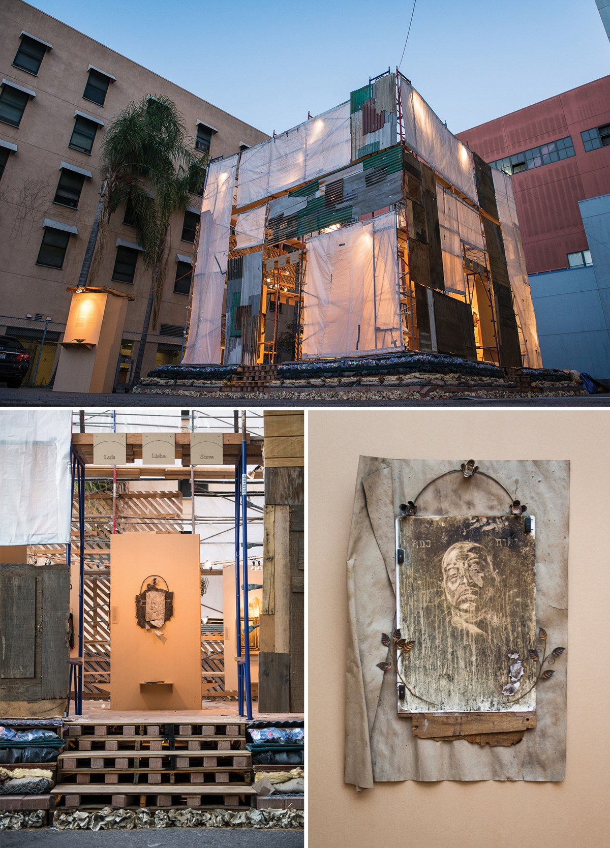 Sacred Streets: This display featured 12 portraits of individuals the artist met on Skid Row in Los Angeles, drawn and etched with saint-like symbolism on reclaimed found objects. These portraits were housed in a temporary structure built by artists using discarded street materials. This temporary structure stands as a symbol of the beautiful collision of sacred and earthly. By recognizing and arranging humble earthly objects in these specific dimensions, they represent a space of hallowed consecration.