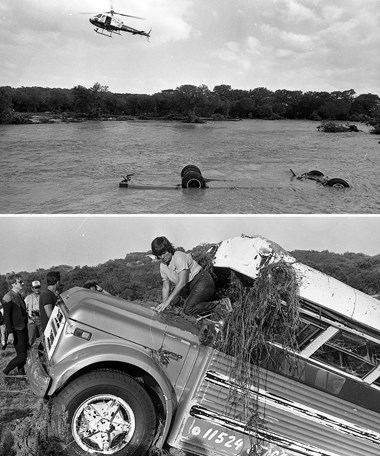 A bus recovered from the Guadalupe River after the flood. A bus recovered from the Guadalupe River after the flood.