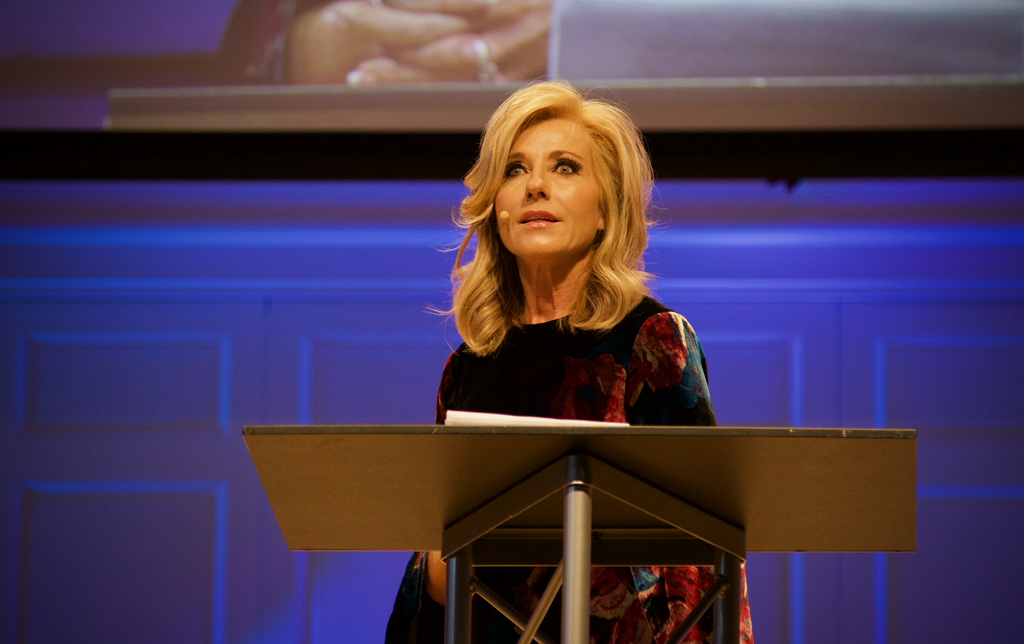 Beth Moore addresses the GC2 abuse summit at Wheaton College.