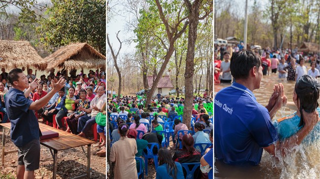 Thai pastor Somask Rinnasak (left photo) prepares 520 new Christians for a record-setting baptism in the Kuttu Phra Reservoir near Chon Daen in January. Another 444 were baptized in the same waters last October.