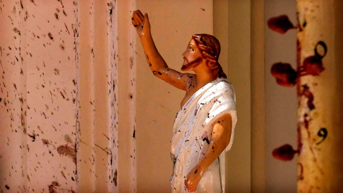 Blood splattered the walls after a suicide bomber attacked St. Sebastian’s Church in Negombo, Sri Lanka, on Easter Sunday. Blood splattered the walls after a suicide bomber attacked St. Sebastian’s Church in Negombo, Sri Lanka, on Easter Sunday.